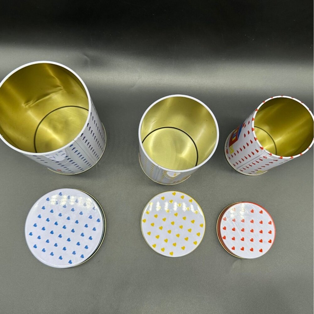 Vintage Metal Canister Set Heart Home 1980s JSNY Red Blue Yellow Cottagecore - Picture 2 of 9